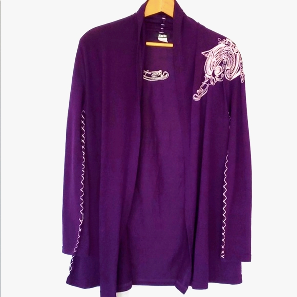 Mocha Purple and White Embroidered Open Sweater Cardigan